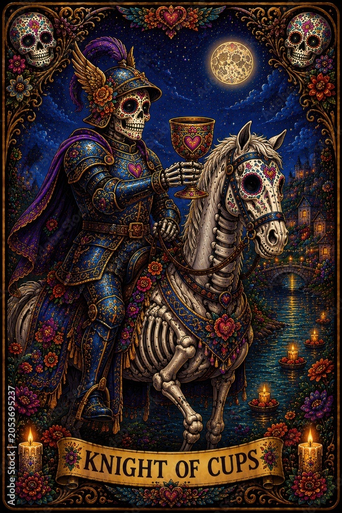 Fototapeta premium Vibrant Skeleton Knight of Cups Riding a Majestic Horse at Night