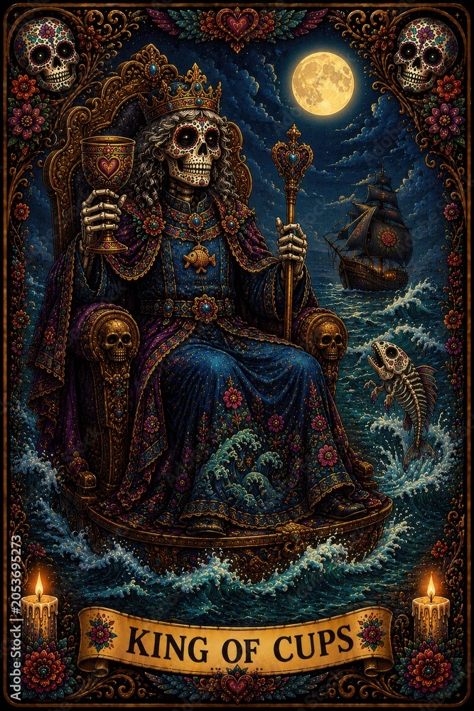 Fototapeta premium Majestic Day of the Dead King of Cups Artwork with Ocean Scene