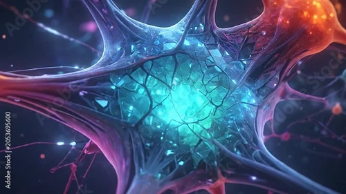 A vibrant network of glowing biological cells in deep space