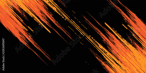 Grunge background with orange frame, vector border of diagonal shape with scratched rough edges on black backdrop