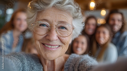 Happy senior woman taking a joyful selfie with her multi-generational family in a warm indoor setting