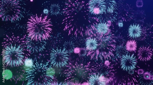 Colorful Animated Fireworks Display with Glowing Bokeh Particles on Dark Background