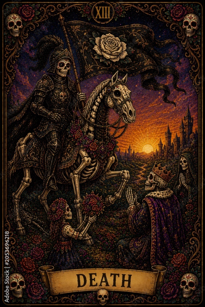 Fototapeta premium Skeleton Knight on Horseback Embracing Themes of Life and Death