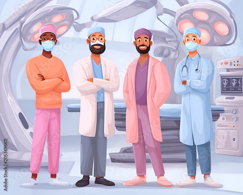 Diverse Team of Male Doctors Posing Confidently in a Modern Operating Room