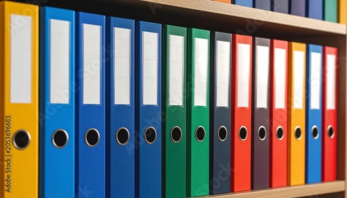 A row of colorful office folders and binders on a shelf provides organized storage for business files and document archives