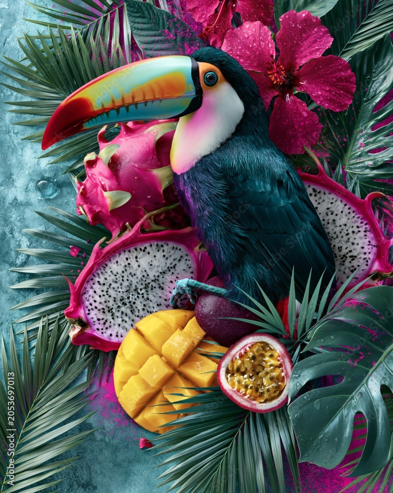 Naklejka premium Colorful Toucan with Tropical Fruits and Flowers on a Vibrant Background