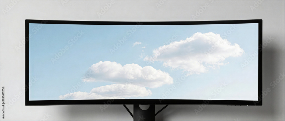 Fototapeta premium Ultra wide curved monitor displaying a bright blue sky with white clouds on minimalist wall