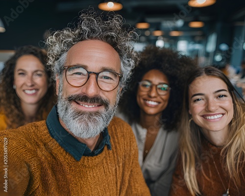 Close-up selfie of a diverse group of four happy friends or colleagues smiling brightly indoors
