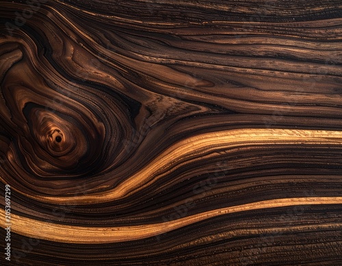 Dark, rich wood grain with swirling patterns and a bright golden streak