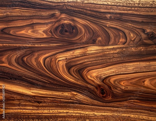 Rich, swirling grain pattern of polished dark wood with knot details