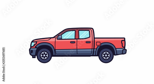 Red pickup truck with a crew cab and black trim, presented in a side profile view