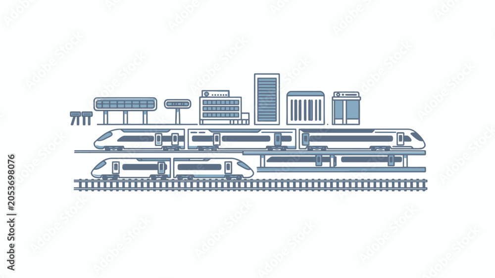 Naklejka premium A minimalist vector illustration of modern trains at a busy urban station