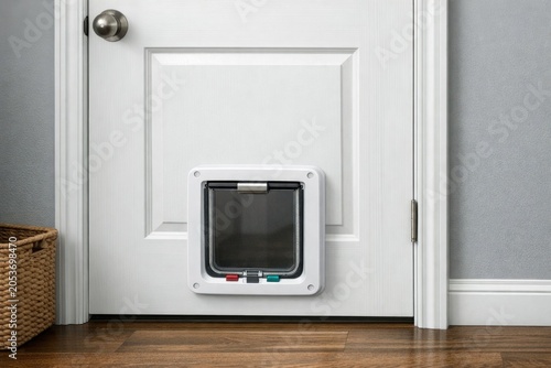 A cat door opened on a wooden floor, suitable for use in interior design or pet-related content