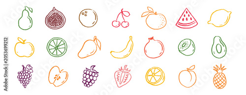 Fruit icons chalk hand drawn doodle set. Drawing crayon fruit