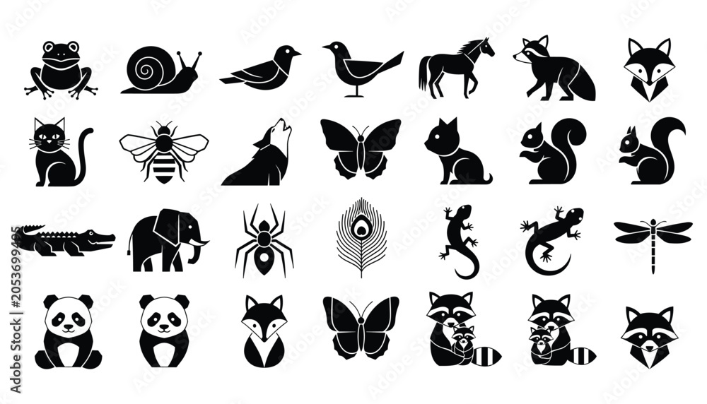 Fototapeta premium Black and White Animal Icon Vector Collection Featuring Frogs, Birds, Cats, Insects, Pandas, and Wildlife Silhouettes for Graphic Design Projects