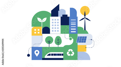 Sustainable urban city with green energy and transit.