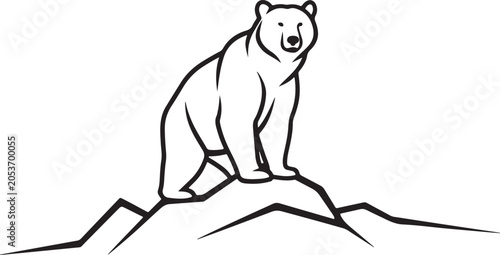 Black and white bear illustration, polar bear on mountain, wildlife vector icon, minimalist animal design