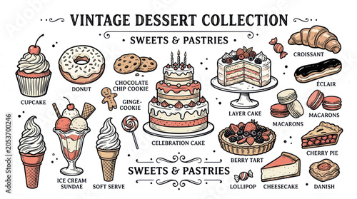Photos vintage dessert collection, sweets and pastries