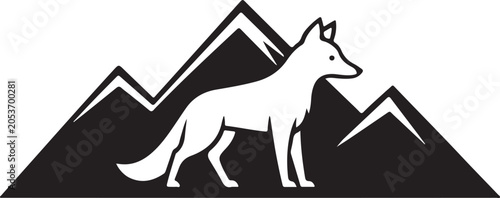 Black and white wolf silhouette, mountain landscape, vector icon, wildlife symbol