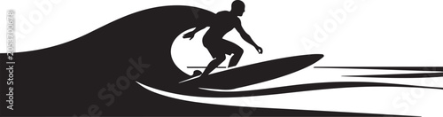 Surfing, surfer silhouette, wave icon, black vector graphic
