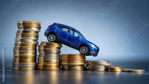 Blue Toy Car Moving Down Decreasing Coin Stacks Symbolizes Financial Market Trends Depreciation Economic Inflation And Changing Vehicle Purchase Price Valuations
