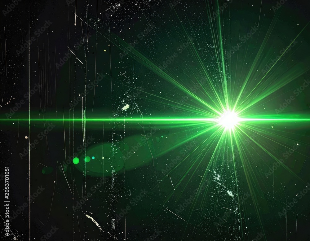 Fototapeta premium Intense green light beam with starburst effect and grunge overlay