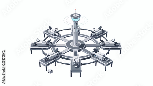 Schilderij op canvas A futuristic circular transportation hub with vehicles parked in a radial patter