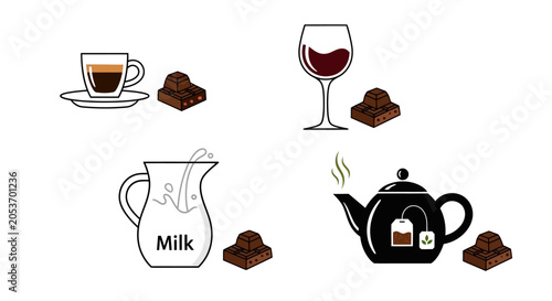 Coffee, Wine, Milk, Tea with Chocolate Brownies Icons Set