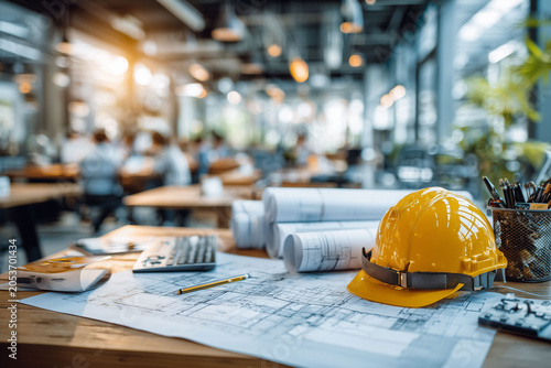 洗練された建設会社のオフィスで働くスタッフと図面が並ぶ現代的な事務所風景