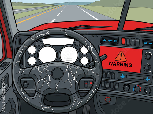Obraz na płótnie A stressed truck driver grips a cracked steering wheel, highlighting hardware stress within a commercial truck dashboard