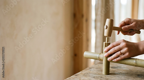 Hand tapping bamboo joint isolated on a clean white background