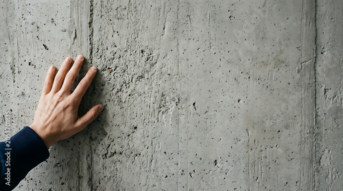 Hand touching concrete wall isolated on a clean white background
