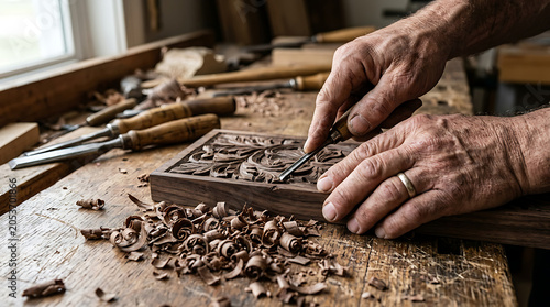 Hands carving wood patterns isolated on a clean white background