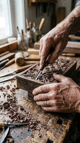 Hands carving wood patterns isolated on a clean white background