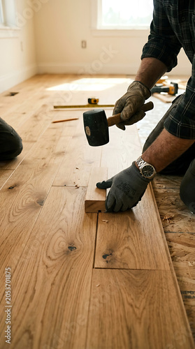 Hands fitting oak floorboard isolated on a clean white background
