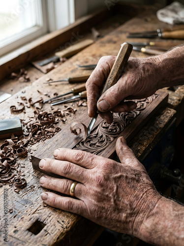 Hands carving wood patterns isolated on a clean white background