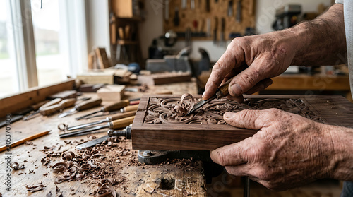 Hands carving wood patterns isolated on a clean white background
