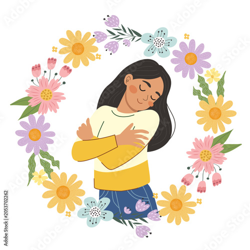 Woman hugging herself surrounded by a floral wreath. Concept of self love, confidence and body positivity. Cartoon illustration for mental health support, inner peace and wellness.