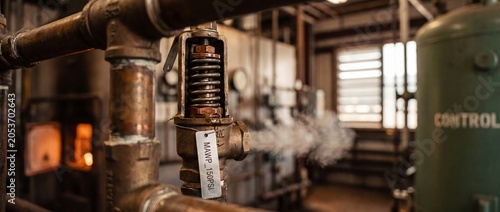 Industrial pressure relief safety valve venting steam in a boiler room. Vintage copper piping system under high pressure in a factory plant, displaying a metal warning tag for engineering maintenance.
