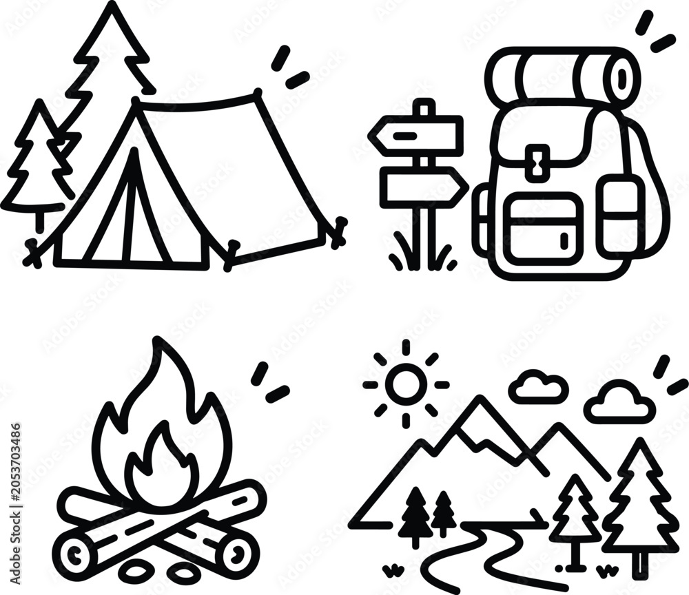 Fototapeta premium Camping and outdoor adventure flat line icon set