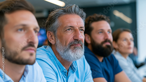Group of business colleagues watching a game intently on a screen during an office break