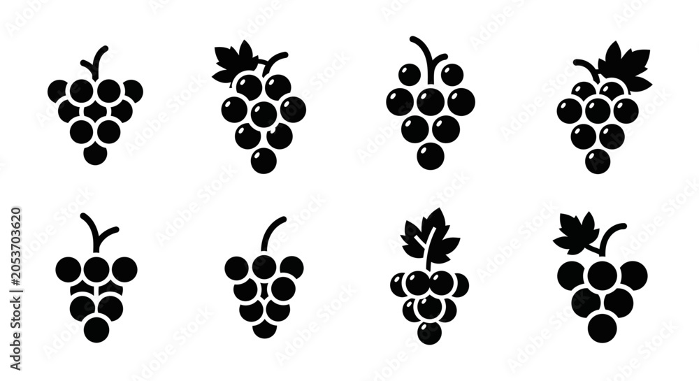 Fototapeta premium Grapes Icons Set: Simple Black Silhouette Fruit Illustrations
