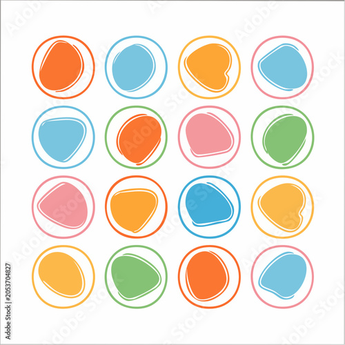 Abstract organic shapes in colorful circles on white background