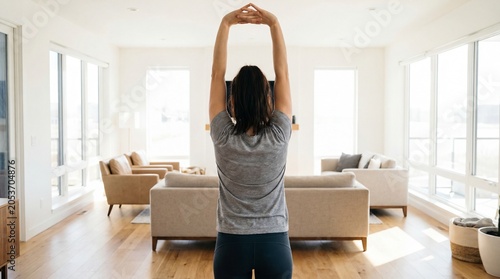 Waist Up Back View of Woman in Grey Shirt and Dark Blue Leggings Stretching at Home