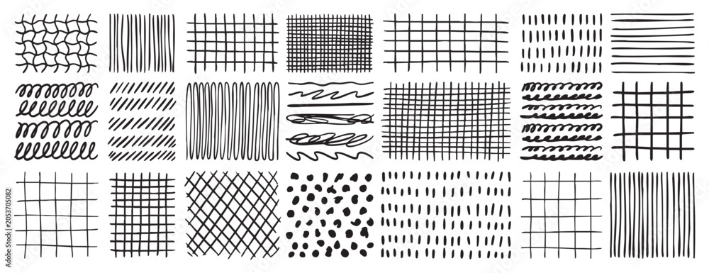 Fototapeta premium Hand drawn grids patterns set. Doodle pencil texture collection. Abstract line backgrounds for design