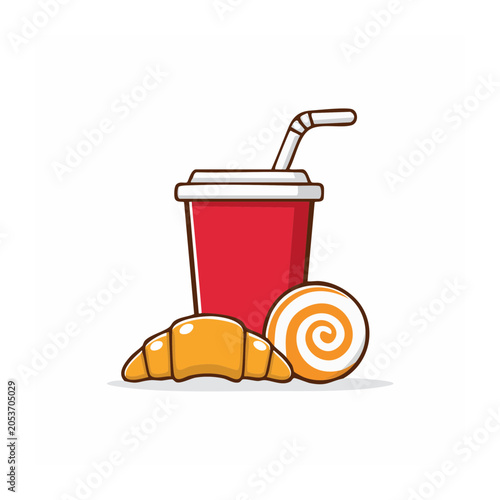 Cartoon drink with straw and croissant