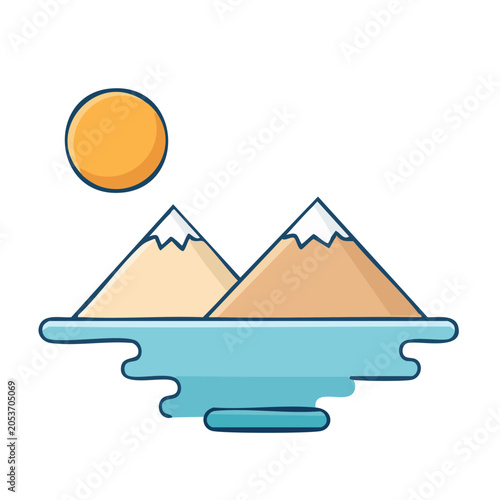 Cartoon mountains and lake with sun