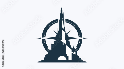 Foto A minimalist graphic icon featuring a tall tower inside a circular compass frame