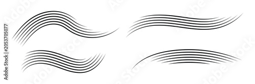 Obraz na plátne Minimalist Wavy Wind Line Art Set, Abstract Black Curved Streamline Graphic Elem