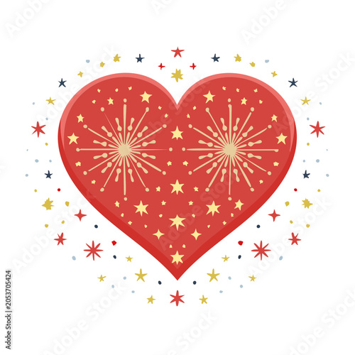 Heart with Fireworks Flat Illustration